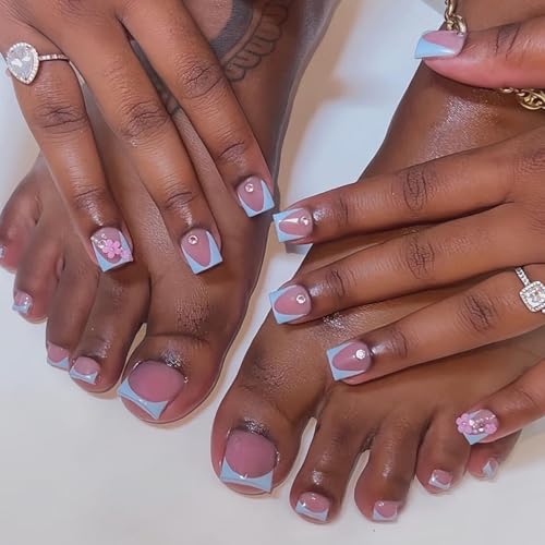 Image of 48 Pcs Short Square Press on Nails Medium & Press on Toenails Set Blue French Tip Fake Nails with Flower Design Glossy Glue on Nails Artificial Acrylic Full Cover Stick on Toe Nails for Women Manicure