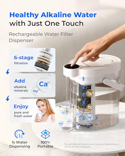 Image of Waterdrop ED11L Alkaline Rechargeable Water Filter Dispenser, 15-Cup, White | 6-Stage Instant Electric Powerful Pitcher, Healthy Mineralized Alkaline Water, Portable Countertop System, Does not Lower TDS
