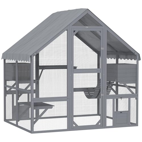 PawHut Large Catio Outdoor Cat Enclosure for Multiple Kittens, Wooden Cat House with Waterproof Cover, Walk in Kitty Cage Kennel with 2 Condos, 4 Platforms, Bridge, Doors, 73