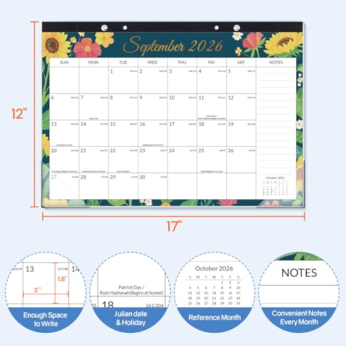 Image of SUNEE Desk Calendar 2026-2027 17 inch x 12 inch, 18 Month Calendar Jul. 2026 - Dec. 2027, Calendar 2026-2027 With Notes, for Planning, Organizing in Family, School or Office - Colorful Floral