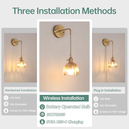 Image of Shenmoyl Battery Operated Wall Sconce with Amber Tulip Shade Pattern Glass Adjustable Chain Retro Gold Wall Mounted Light, Modern Wall Decor for Bedside Bedroom Indoor Doorway， Set of 2
