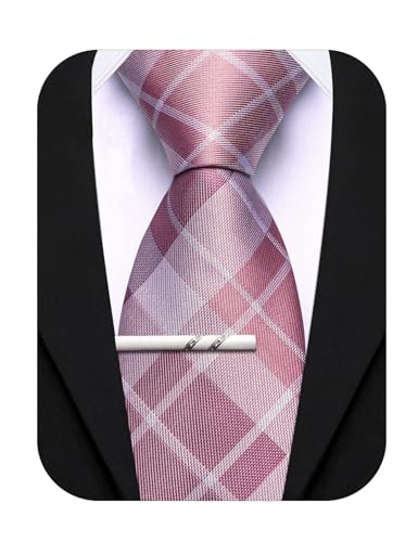 Image of Barry.Wang Plaid Ties Mens Silk Necktie and Tie Clip Checkered Tie for Wedding Party Business Formal