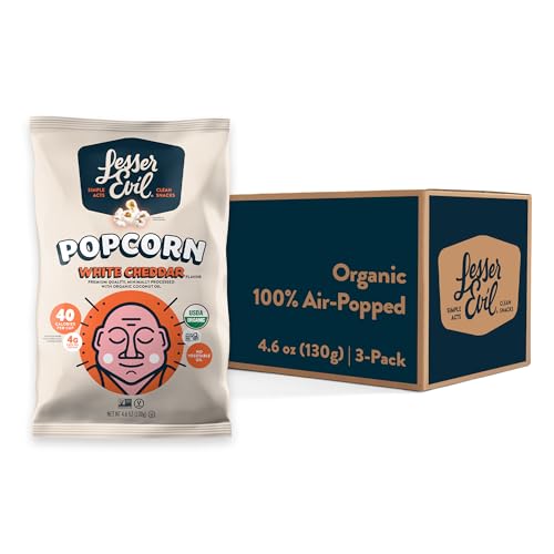 Image of LesserEvil No Cheese Cheesiness Organic Popcorn, Premium Quality, Minimally Processed, No Vegetable Oil, 4.6 Oz, Pack of 3.