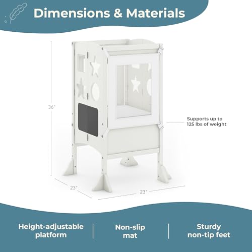 Image of Guidecraft Classic Kitchen Helper Stool - Ivory: Foldable Toddler Tower with Adjustable Height Platform | Premium Learning Montessori Collapsible Step Stool for Kids