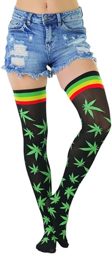 Image of ToBeInStyle Women's Thigh High Stockings Bodystocking Tights Medicinal Cannabis Marijuana Weed Leaf Print Festival Hosiery