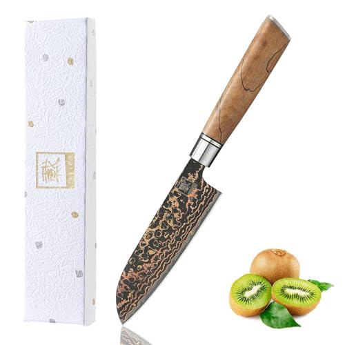 zayiko BlackMagma Damastmesser Santoku I 12 cm Klinge aus Damaststahl mit Kupfer & Bronze sowie Ahornholzgriff I Edles Damast Küchenmesser in Geschenkbox