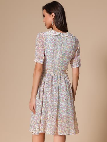 Image of Allegra K Women's Vintage Peter Pan Collar High Waist Flowy Midi Puff Sleeve Floral Dress