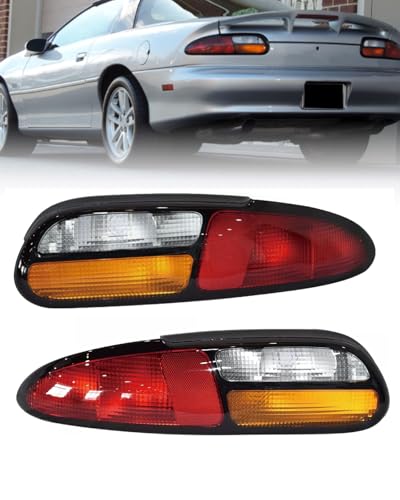 JX RACING Taillights Set Compatible with Chevy Camaro Z28 SS 1993-2002 Rear Tail Lights Lamps Pair Four Bulb Holes Set Halogen Type Chrome Housing Red+Clear Lens 5976519 5976520