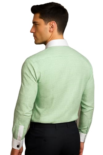 Image of Men's Premium Cotton Formal Dress Shirt - White Collar & French Cuffs with Cufflinks | Solid White, Micro Check & Striped for Office, Wedding