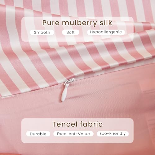 Image of THXSILK Mulberry Silk Pillowcase for Hair and Skin Health, Grade 6A+ Mulberry Silk Pillowcase with Hidden Zipper, Soft and Breathable, 1pc (King 20 inchx36 inch, Pink White Stripes)
