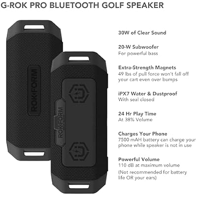 Rokform G-ROK Pro, Premium Sound with Bass, Portable Bluetooth Golf Speaker, 24 Hour Battery, Magnetic Hold with 49lb Pull Force, IPX7 Waterproof, LED Display, Unlimited Pairing, Can Charge Phone