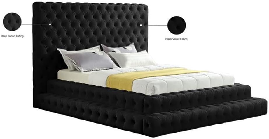 MAKLAINE Contemporary Upholstered Black Velvet Queen Bed, 85" W x 98" D x 60" H, Deep Button Tufting, Soft Velvet, Elegant Design, Height Adjustable Footboard, Stylish Bedroom Furniture