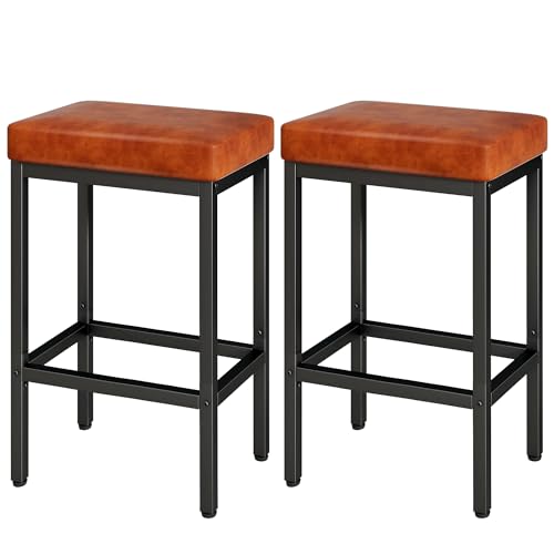 YMYNY HBS513J - Taburetes de bar de 66 cm, juego de 2 taburetes de bar de desayuno, color marrón caramelo, taburetes de bar de piel sintética, taburete de bar con cojín de 6 cm de grosor y base de