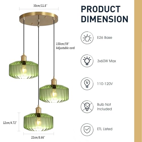 Image of 3-Light Green Glass Pendant Light, Mid-Century Modern Kitchen Island Hanging Light Fixtures with Ribbed Glass Shades, Adjustable Height Gold Ceiling Pendant Lighting