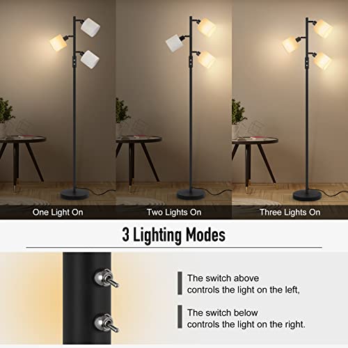 Floor Lamps For Living Room With 3 Color Temperature Led Bulb, 3-Head Tree Standing Lamp, Simple Floor Lamp With Beige Lamp Shades Modern Tall Lamps For Bedroom Office Classroom, Black (5W Led Bulbs) #TOP2