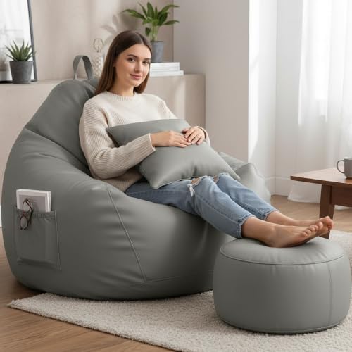Image of 4XL Bean Bag Chair with Footrest & Cushion | Pre-Filled Beans | PVC Leatherette Lounger Sofa | Indoor & Outdoor Bean Bag with Pocket & Handle | Double Stitching | 6 Months Warranty Color- (Grey)