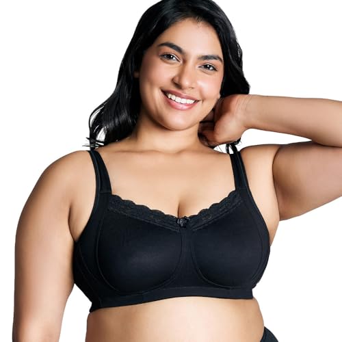 Image of NYKD NYB190 Cotton Non Padded Non Wired Lace Bra Full Coverage Shape Support Wide Straps (Plus