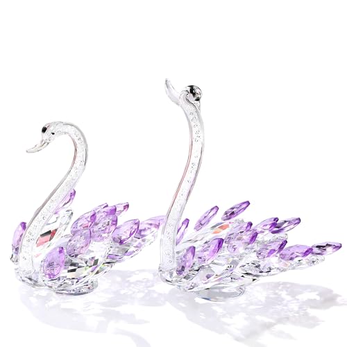 Set of 2 Crystal Purple Swans Figurines, Anniversary Wedding Gifts for Women, Mom, Couple, Glass Swan Collectibles Birthday Presents Keepsake for Parents Home Decor, 6.5in Gift Boxed