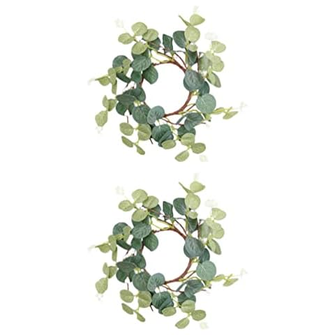 Operitacx Summer Wreath 2Pcs Eucalyptus Candle Rings Wreaths Small Boho Wreath Pillar Candle Holder for Wedding Centerpiece Home Door Tabletop Decoration Cover