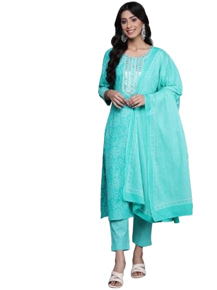 Kurta bleu brodé en coton avec pantalon droit et dupatta Varanga S