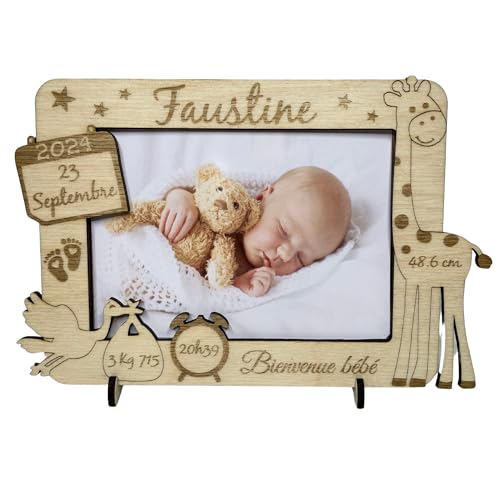 Cadre Photo naissance en Bois Personnalisable avec girafe - Souvenir de la naissance de Bébé – idée cadeau de naissance personnalisé pour maman, papa,...