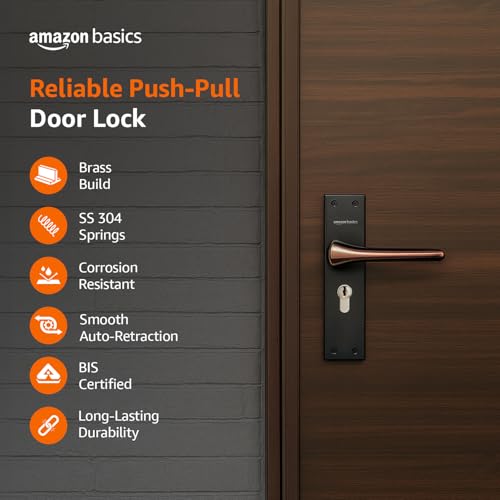 Image of Amazon Basics Heavy-Duty Door Lock Set | Mortise Door Lock Handlesets with 3 Brass Key for Home,Office,Hotel | Brass Lock Body & Cylinder | Coca Black