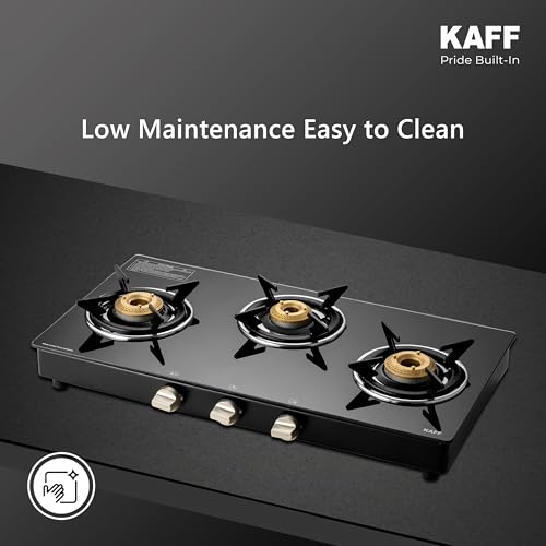 Image of KAFF CTC 77 3B Gas Stove /Cooktop 3 Burners with Manual Ignition 77 CM, High Efficiency Brass Burners, Black Tempered Glass, Enamelled Pan Support (Black)