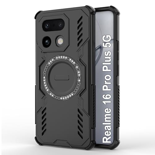 Image of amazon basics Back Case Cover for Realme 16 Pro Plus 5G | Magnetic Case with Built-in Metal Ring | Supports MagSafe Charger, Wallet & Car Mount | Shockproof Hybrid PC + TPU | Black