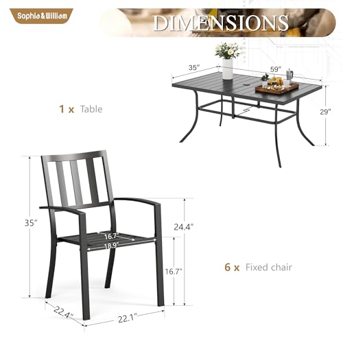 Image of Sophia & William Patio Table and Chairs Set, Outdoor Dining Set for 6, 7 Piece Metal Patio Furniture, 60 inch Black Rectangular Table(Stripe)