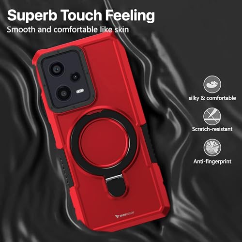 Image of Vaku Luxos Astor Military Grade Back Cover Case for Redmi Note 12 Pro 5G with Rotable Ring Kickstand Shockproof Protective Cell Phone TPU Case- Red