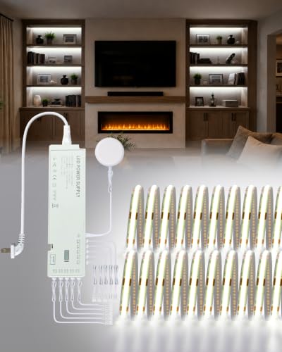 Image of JUSJUBR Display Cabinet Lights, 32.8ft 24V Dimmable Cuttable COB LED Strip Lights, Cold White 6000K, Under Cabinet Lighting for Shelves, Bookshelves, Display Cases, Cabinets, Kitchens and Closets