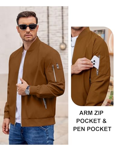 COOFANDY Casual Bomber Jacket Men Light Weight Fashion Windbreakers Brown Full Zip Coats Fall Vintage Jackets S — view 6
