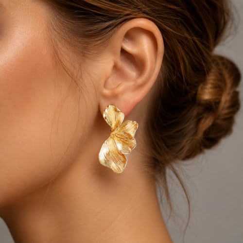 Image of Gold Flower Clip On Earrings for Women, Statement Textured Petal Flower Earrings with Soft Cushion Pads, Lightweight Non Pierced Floral Jewelry