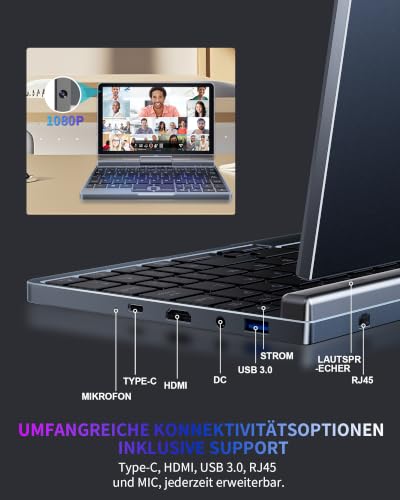 KOOFORWAY 8-Zoll 2-in-1 Mini-Laptop mit QWERTZ-Tastatur, drehbarem HD-Touchscreen & Stiftunterstützung, Win 11 Pro, Alder Lake-N95, 12GB RAM, 512GB SSD, Wi-Fi 6, BT 5.2, HDMI, Typ-C, 2MP Kamera