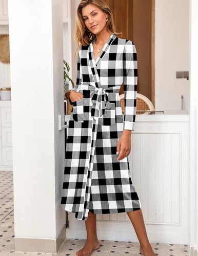 Image of Ekouaer Women Kimono Robes Full Length Knit Bathrobe Lightweight Soft Sleepwear V-neck Casual Ladies Loungewear S-XXL