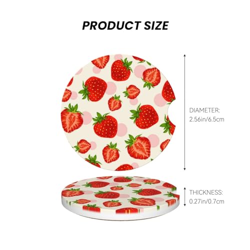 Image of Strawberry Car Coasters for Cup Holder - Absorbent Ceramic 2 Pack With Anti-Slip Cork Base and Finger Notch - Interior Accessories for Women Men 2.56 inch