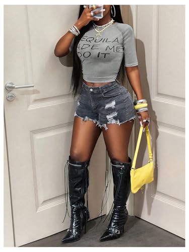 Image of RoseSeek Women's Sheer Mesh Letter Graphic Tees Short Sleeve Crew Neck Y2K Vintage Summer Going Out Crop Tops