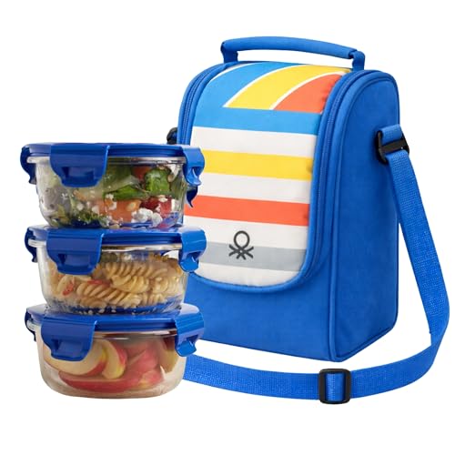 Image of United Colors of Benetton Lunch Bag Set with 3 Glass Containers | Insulated Leakproof Tiffin Bag for Office, School & Travel | Durable, Stylish, BPA-Free Food Storage Kit (Blue)