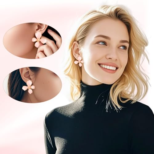 Floral Earrings for Women, Imitation Pearl Petal Studs Wedding Beach Accessories Bridal Flower Earrings Delicate Jewelry Gift Bohemian Floral Studs for Women (Pink)4