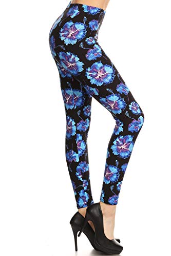 R604-EXTRAPLUS Blue Hibiscus Print Fashion Leggings