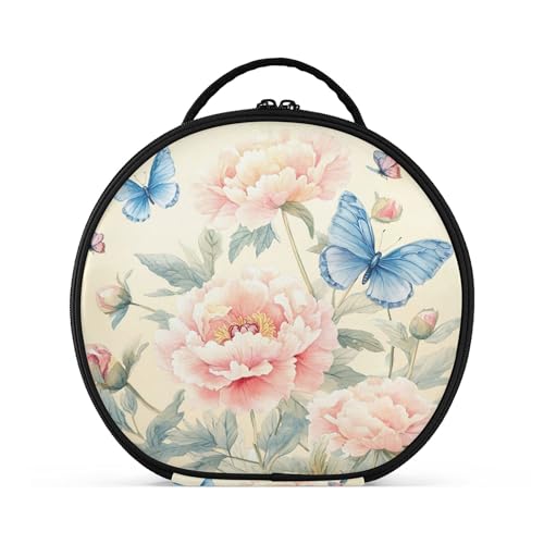 Takiito Delicate Pink Peonies Butterflies Travel Makeup Case Portable Makeup Box Artist Cosmetic Case Organizer With Adjustable Dividers