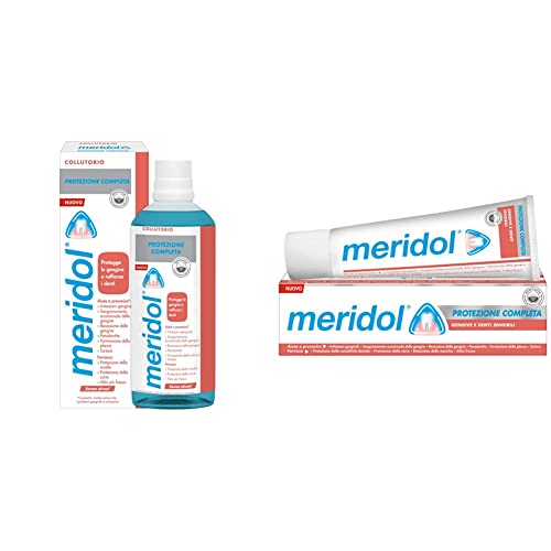 Meridol Collutorio Protezione Completa, duratura gengive, antibatterico, lenisce le gengive irritate, previene il sanguinamento gengivale 400ml & Dentifricio Protezione Completa, 75ml