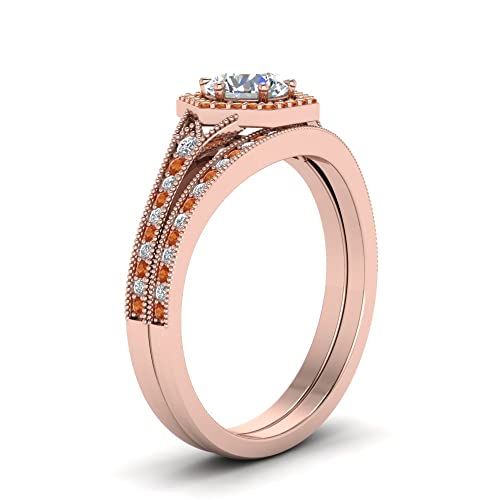 Image of Choose Your Gemstone Vintage Hexagon Halo Bridal Ring Set Rose Gold Plated Round Shape Wedding Ring Sets Matching Jewelry Wedding Jewelry Easy to Wear Gifts US Size 4 to 12