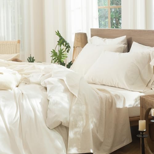 Image of MooMee Striped Sheet Set 100% Washed Cotton Linen Like Cal King