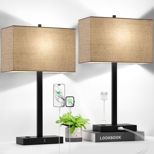 Image of 21 inch Set of 2 Table lamp with USB A+C & AC Outlets, Touch Control 3-Way Dimmable Nightstand Lamps for Bedroom Living Room Office Reading, Champagne Gold Shade Touch Lamps, 5000K LED Bulbs Included