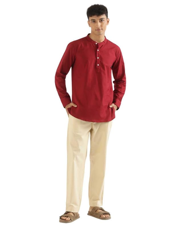 Image of SAADAA Men's Short Kurta - Linen Cotton Blend, Airy Fabric, Regular Fit, Mandarin Collar, Solid Color - Casual, Festive & Ethnic Wear