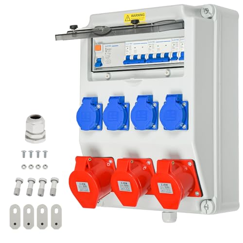 TEOV Baustromverteiler Wandverteiler mit LS Schalter und FI Schalter, IP44 2x CEE 16A 5P +1x CEE 32A+ 4x 230V Schuko Steckdose Wandverteiler Stromverteiler für Innen und Außen