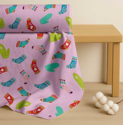 Image of Soimoi Pink Cotton Voile Fabric Socks & Gloves Folk Art Printed Fabric 1 Meter 42 Inch Wide