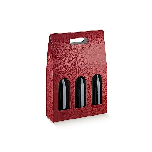 Generico 5 Scatole PORTABOTTIGLIE da 3 posti 27x9x38.5 cm con Finestre | 5 PORTA BOTTIGLIE 3 VANI CON MANICO MATRIMONI EVENTI SPECIALI (Pelle Bordeaux)