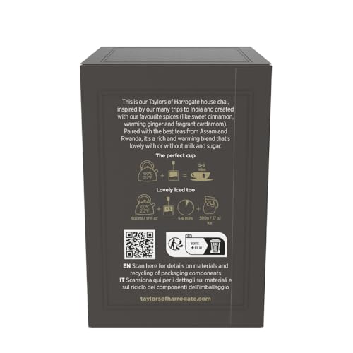 Image of Taylors of Harrogate Classic Chai, Black Tea, Individually Wrapped Bags, 20 Count (Pack of 1), Spiced, Aromatic & Warming, Caffeinated, Enjoy Hot or Iced, 20 Teabags
